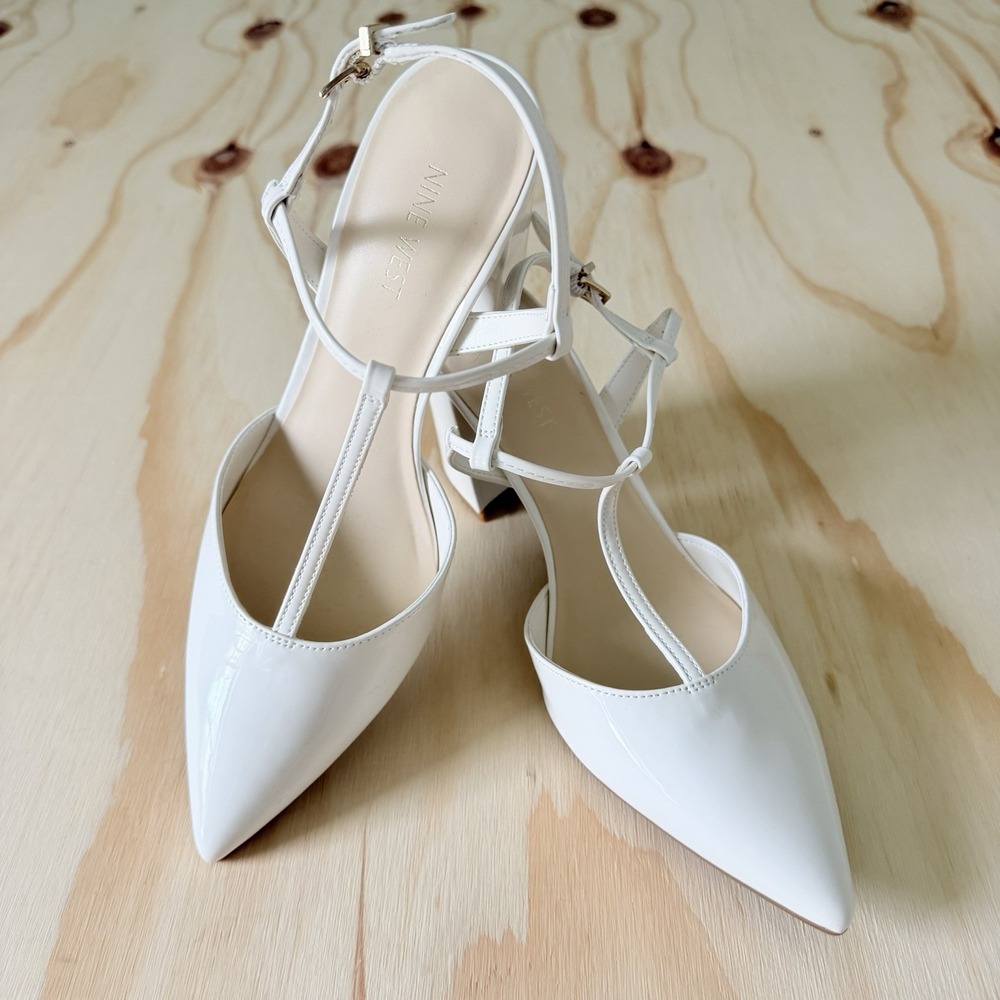 Nine West Women's White Patent T-Strap Block Heel Pumps Size 9 Pointed Toe